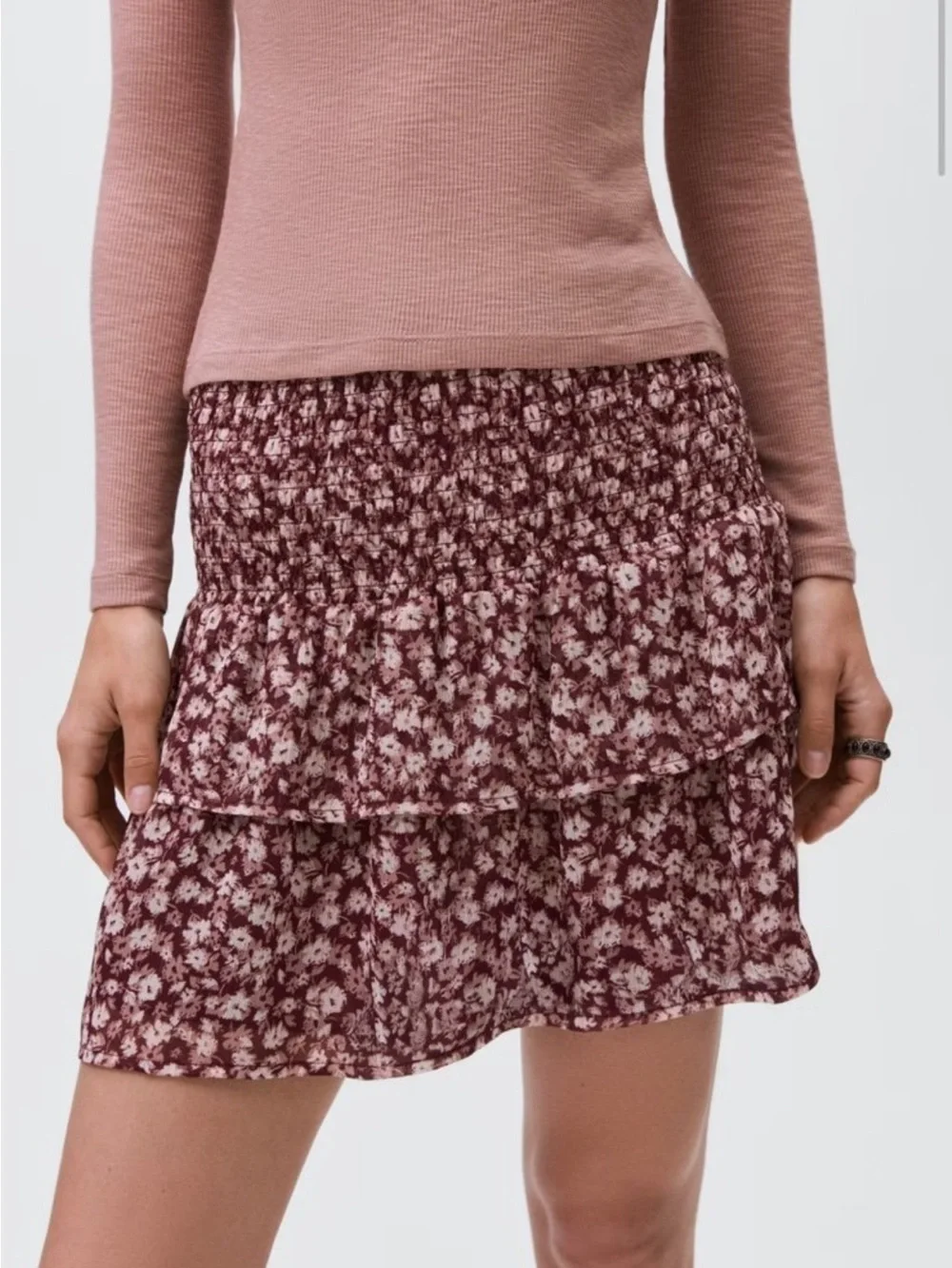 Mango Burgundy Floral Tiered Smocked Skirt